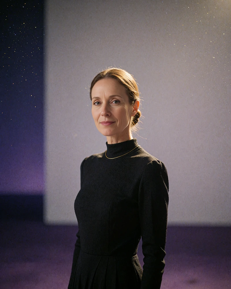Chinese member in a black high-neck dress standing in a minimal Shanghai art gallery