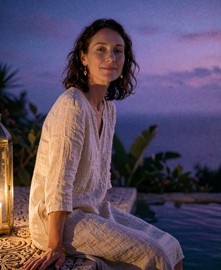 Indonesian member in a sand linen dress seated on a stone villa terrace at sunset in Bali