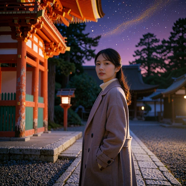 Japanese woman in a modern coat beside a vermilion shrine gate at dusk