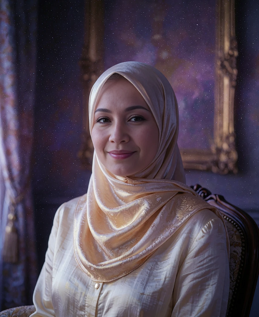 Bruneian member in a pale gold silk headscarf photographed in a warm walnut interior