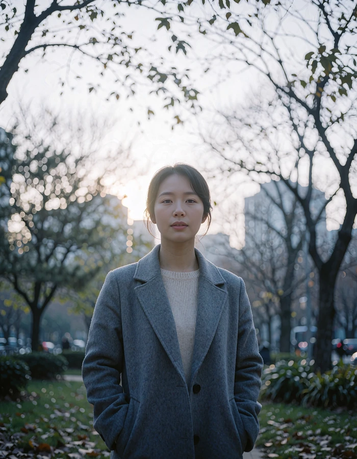 Korean woman standing in a quiet city park in soft overcast daylight