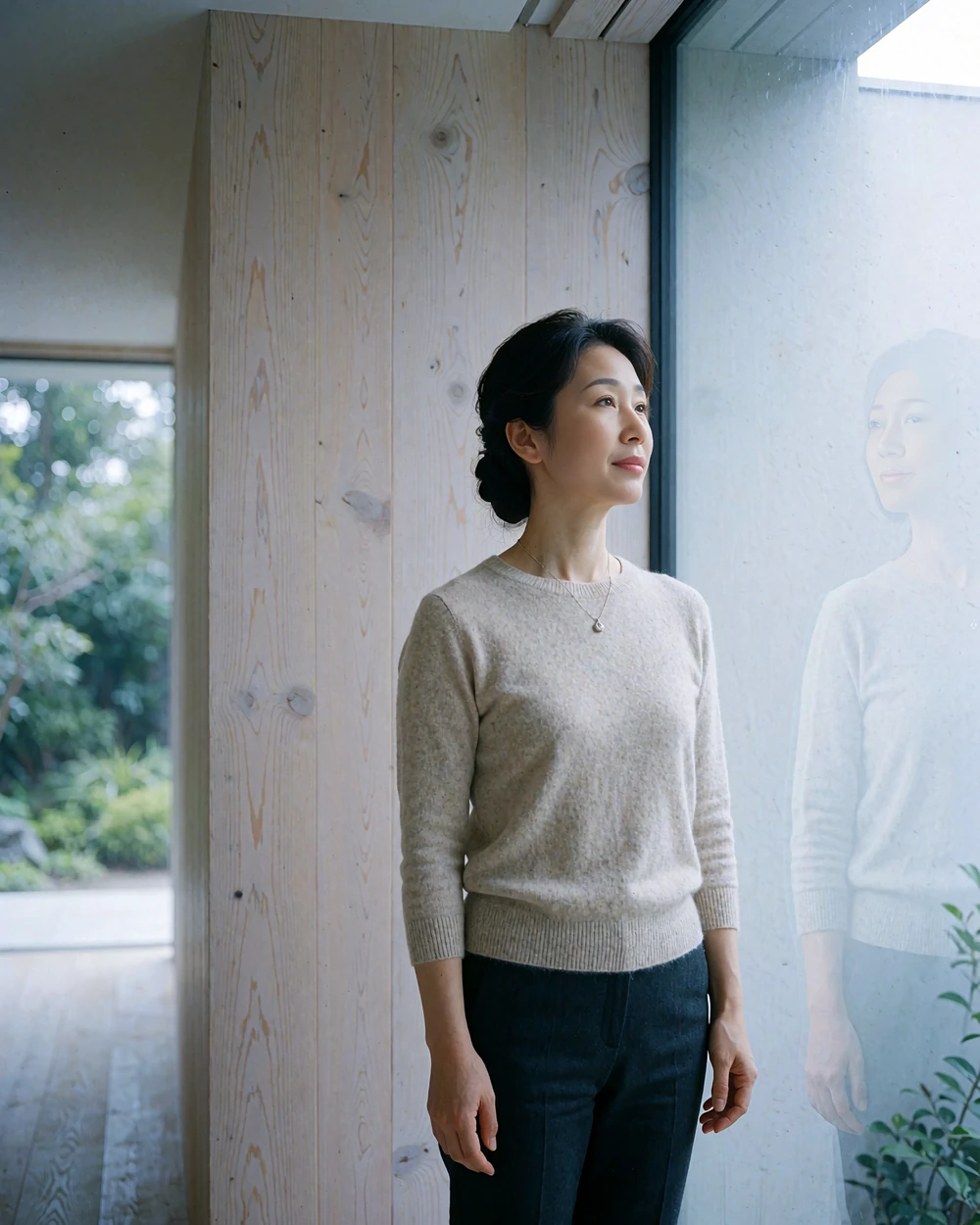 Poised Japanese woman in an oatmeal knit standing beside a softly lit window in a minimalist interior