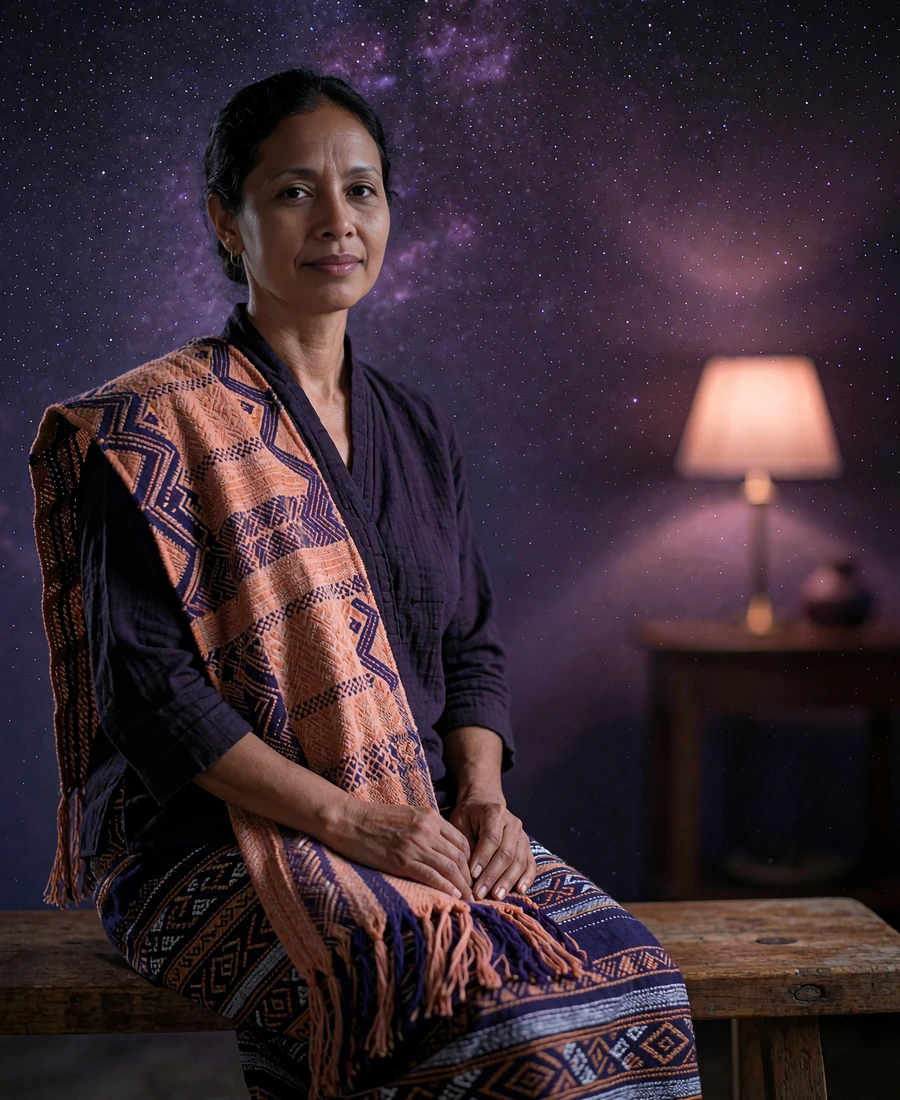Timorese woman wearing a hand-woven tais shawl of terracotta and indigo geometric weave, seated indoors