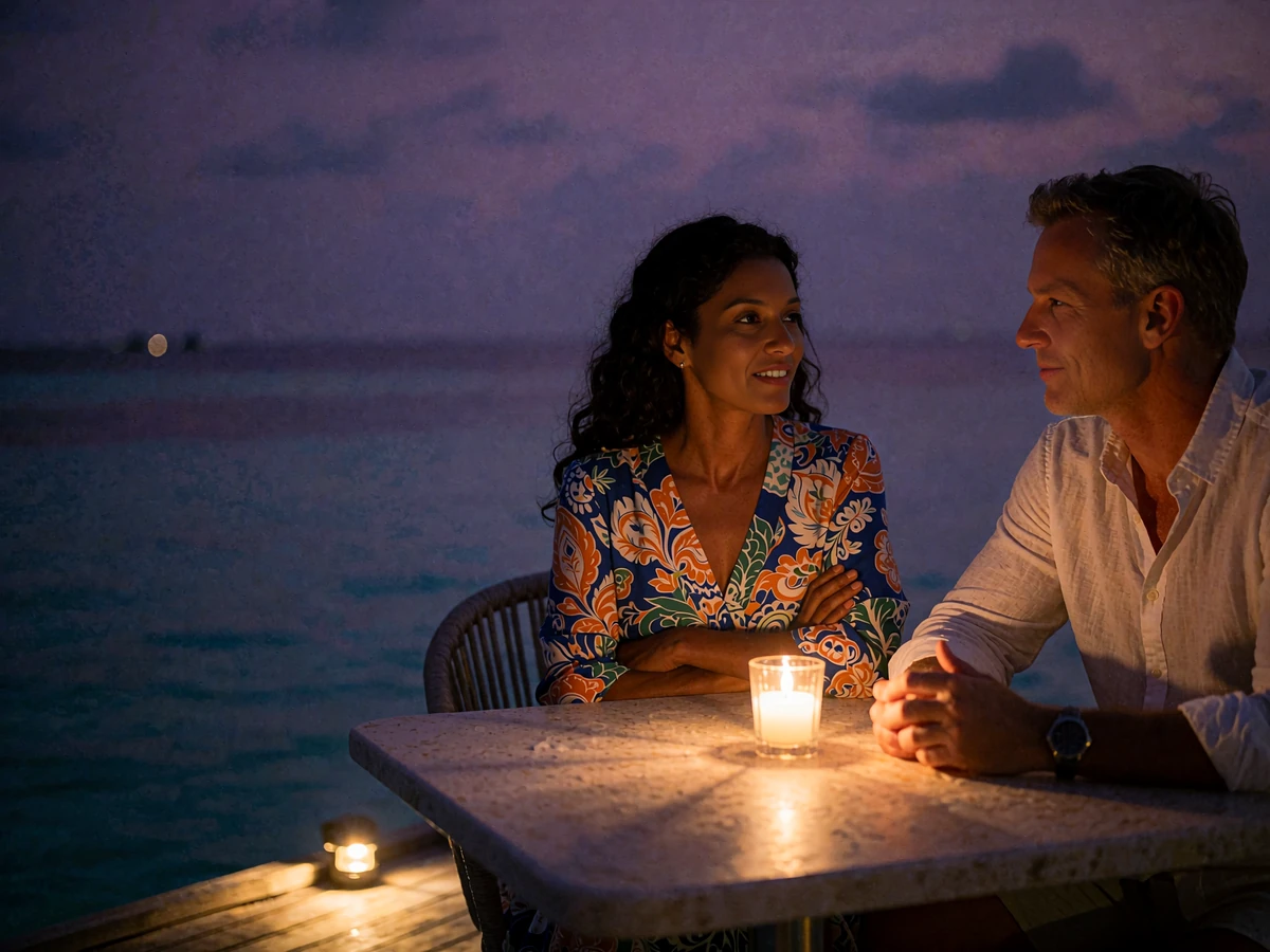 Maldivian woman and Western man seated at a candlelit table on an overwater deck at night