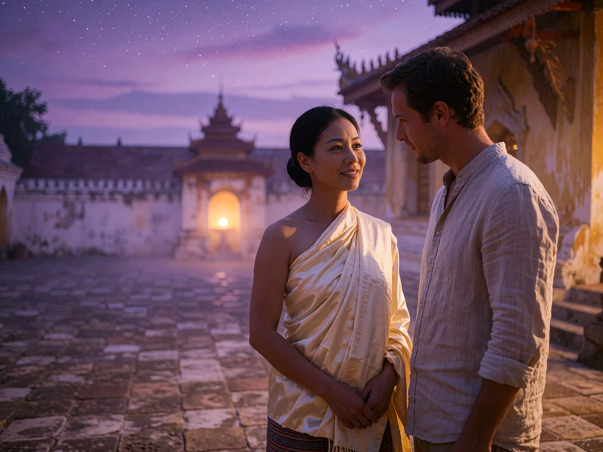 Lao woman in a cream silk wrap and a Western man standing together in a quiet temple courtyard at dusk
