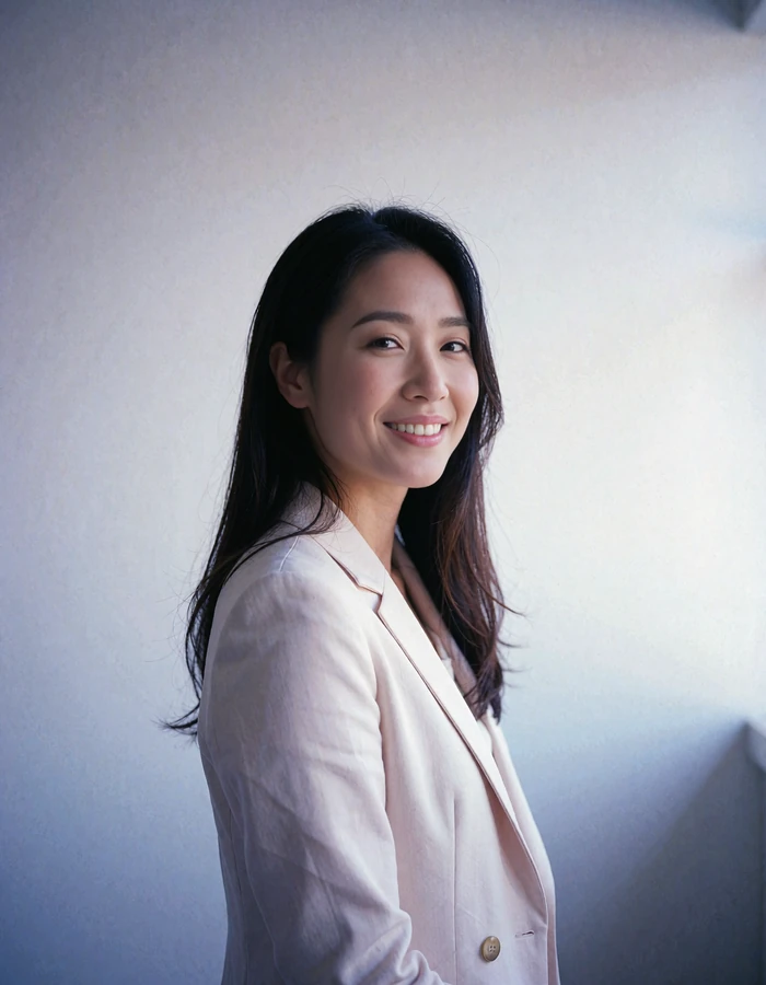 Korean woman in a tailored blazer smiling in a bright minimal interior