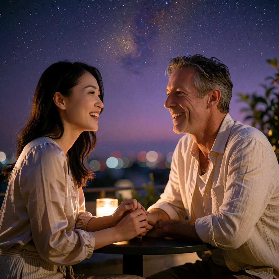 Smiling couple talking at a rooftop terrace table in the evening after meeting online