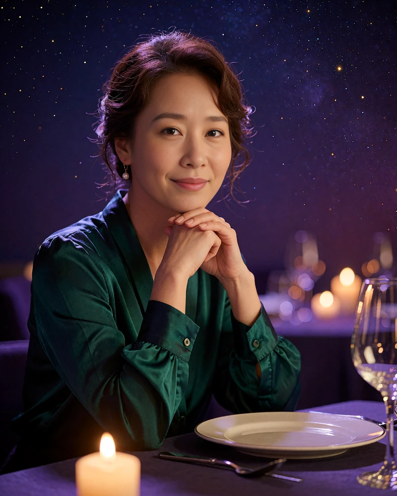 Korean member in an emerald silk blouse smiling at a candlelit fine dining table