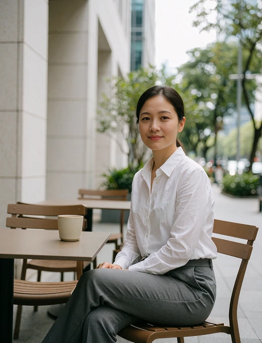 Singaporean woman in a white shirt seated at an outdoor cafe table in a financial district during the day