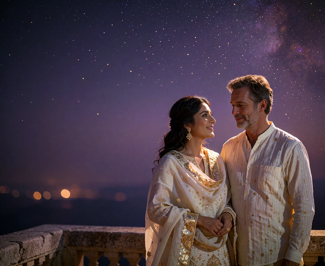 Pakistani woman and Western man standing together on a stone terrace at night after meeting through an international dating platform