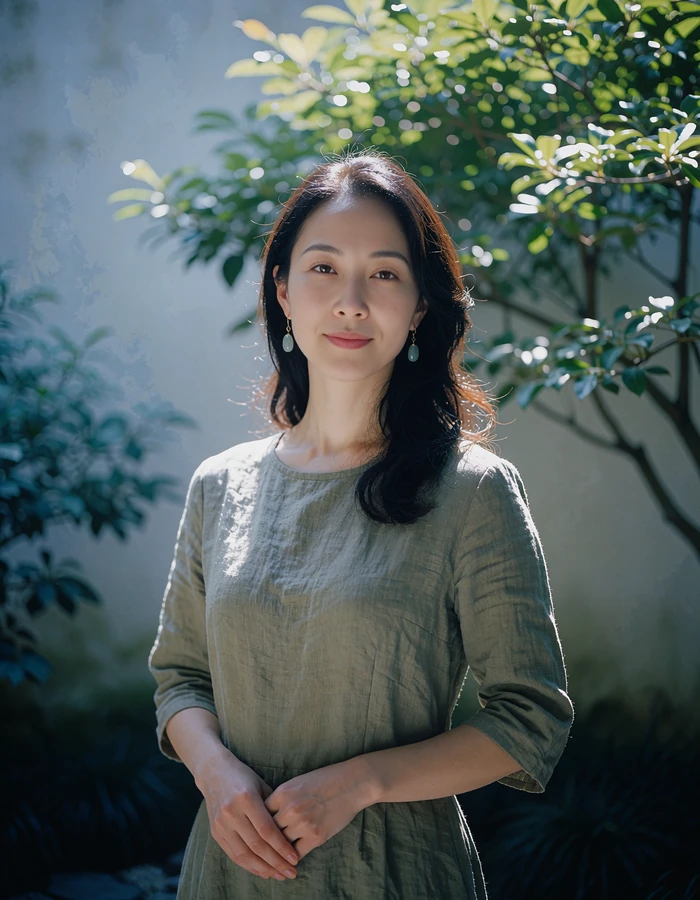 Chinese woman standing in a quiet courtyard with defocused green foliage behind her