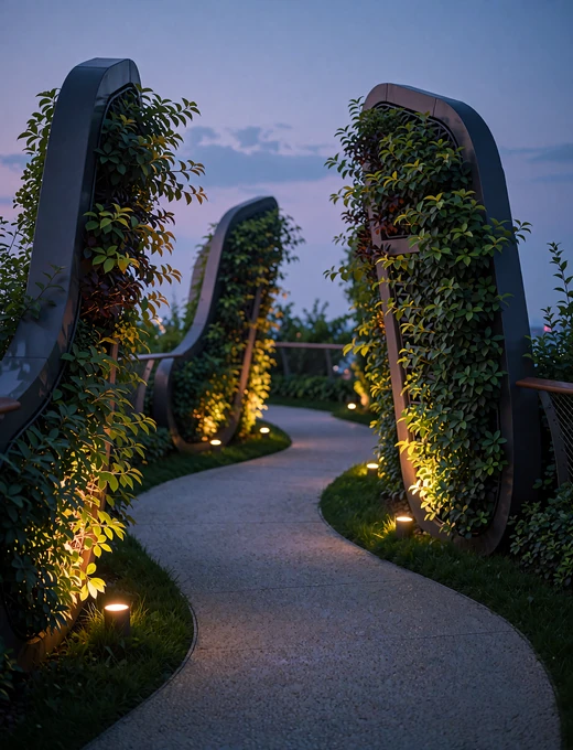 Elevated garden walkway between tall illuminated vertical planting structures at dusk in Singapore