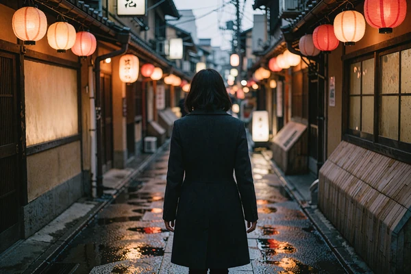 Young Japanese woman in a dark coat walking away down a lantern-lit alley of low-rise buildings at night