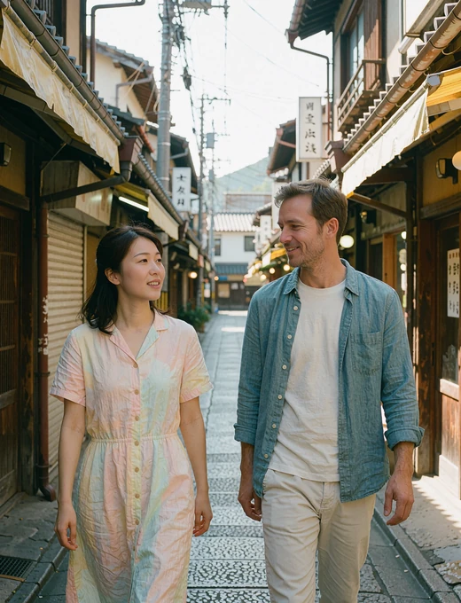 Japanese woman in a pastel dress walking and talking with a Western man through a narrow traditional shopping lane