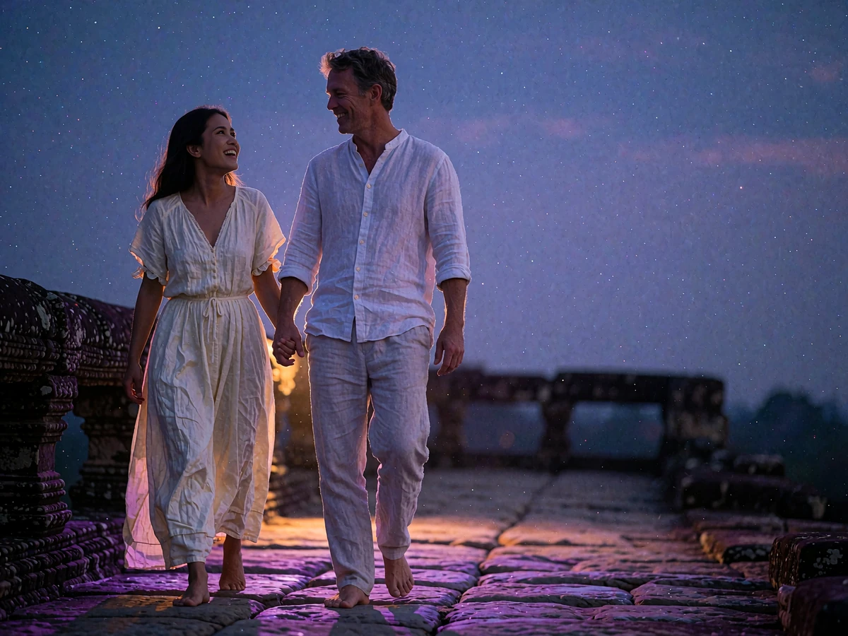 Cambodian woman and Western man walking hand in hand along a sandstone causeway at dusk