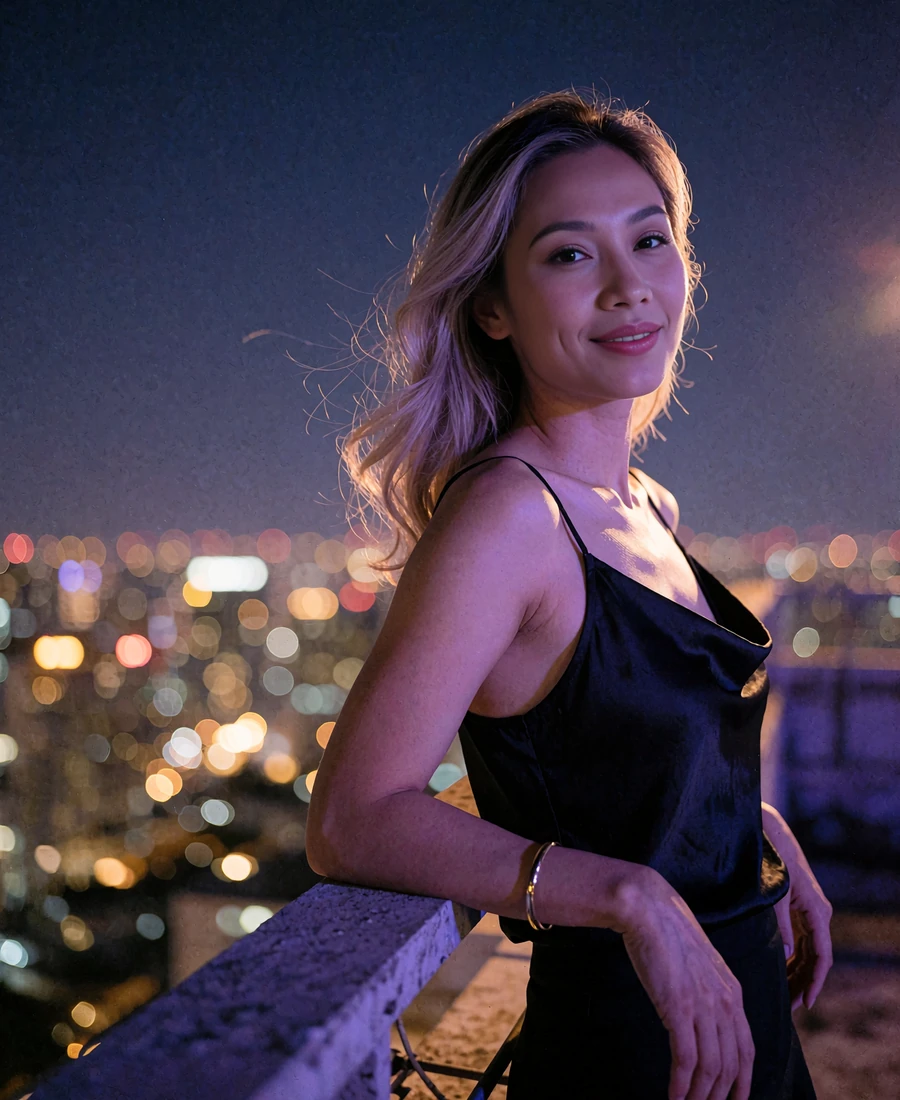 Thai member in a black satin camisole leaning on a rooftop railing at night in Bangkok
