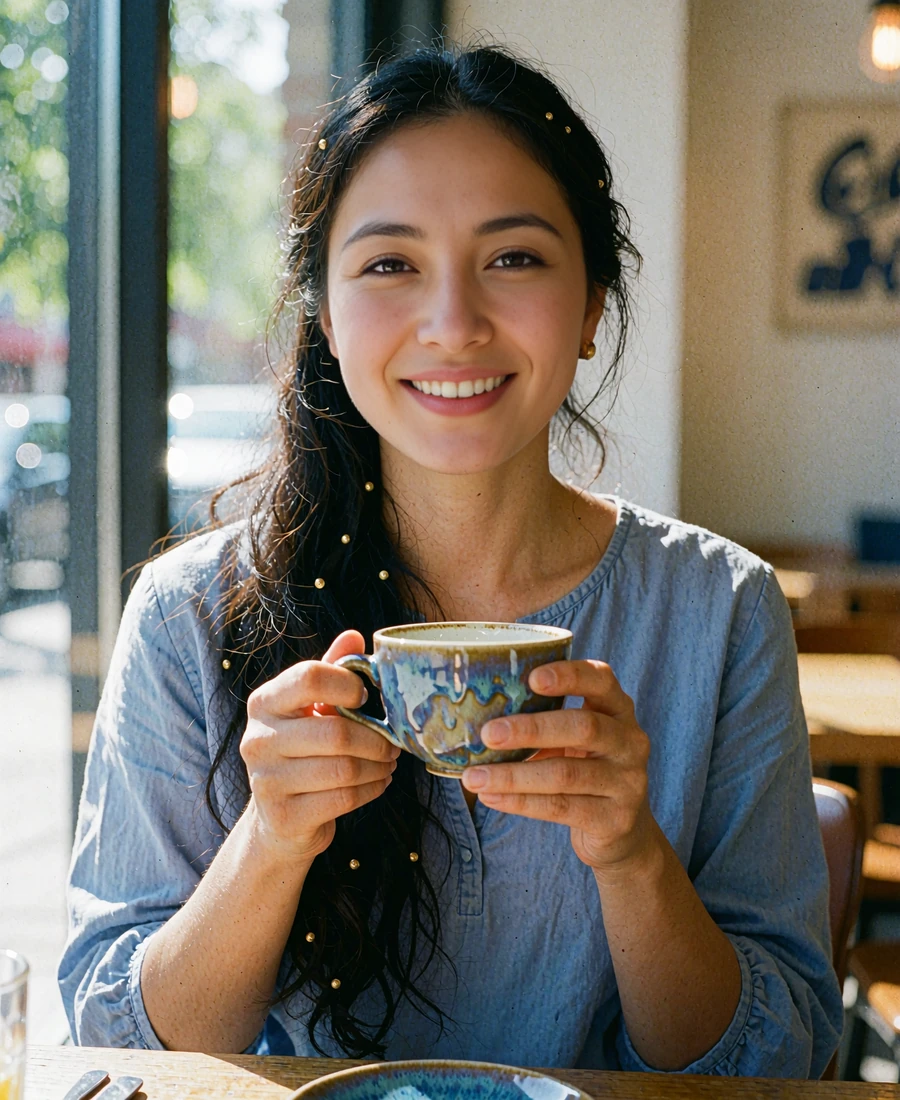 Kyrgyz member in a soft-blue blouse smiling at a bright café table in Bishkek