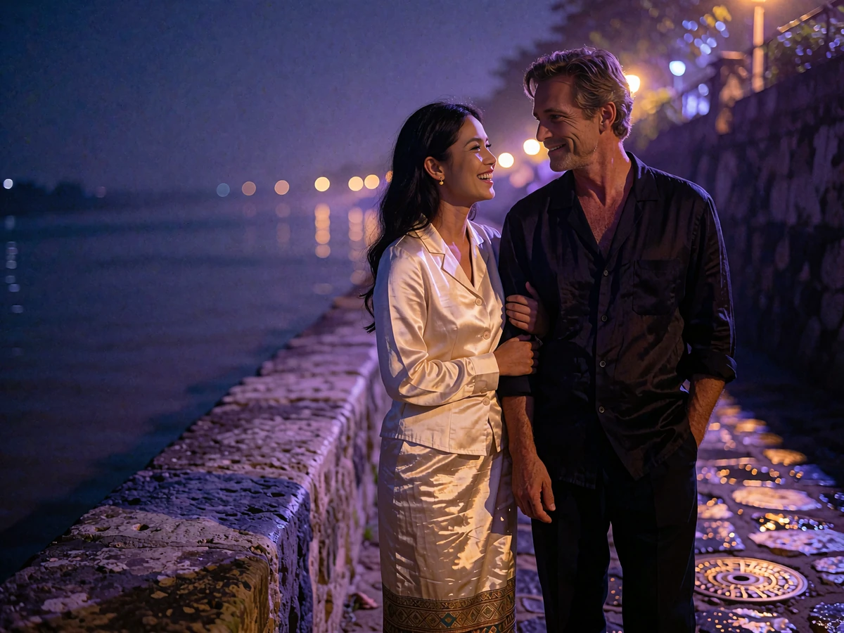 Burmese woman and Western man standing together on a riverside walkway at night after meeting through an international dating platform