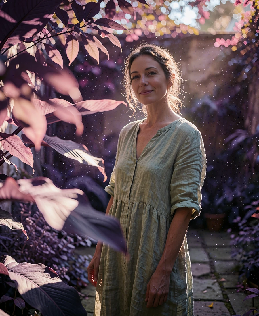 Lao member in a sage linen dress standing in a shaded garden courtyard with tropical foliage