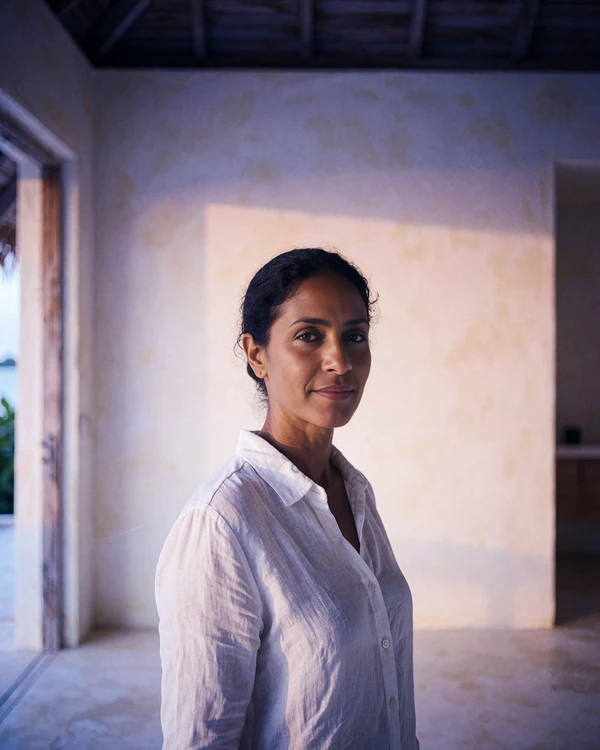Maldivian member in a white linen shirt standing in a minimal island villa interior
