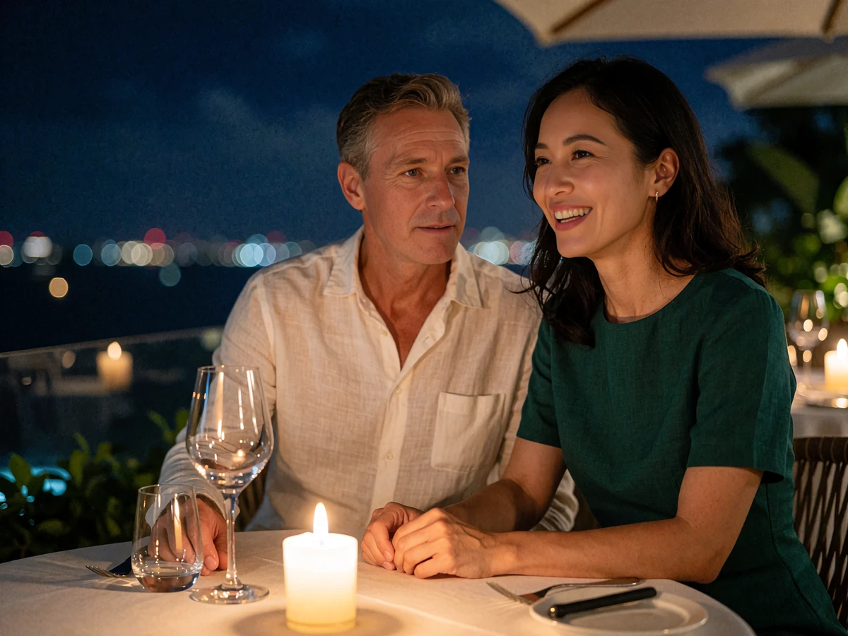 Singaporean woman and Western man sharing a laugh at a candlelit outdoor terrace table overlooking the bay at night