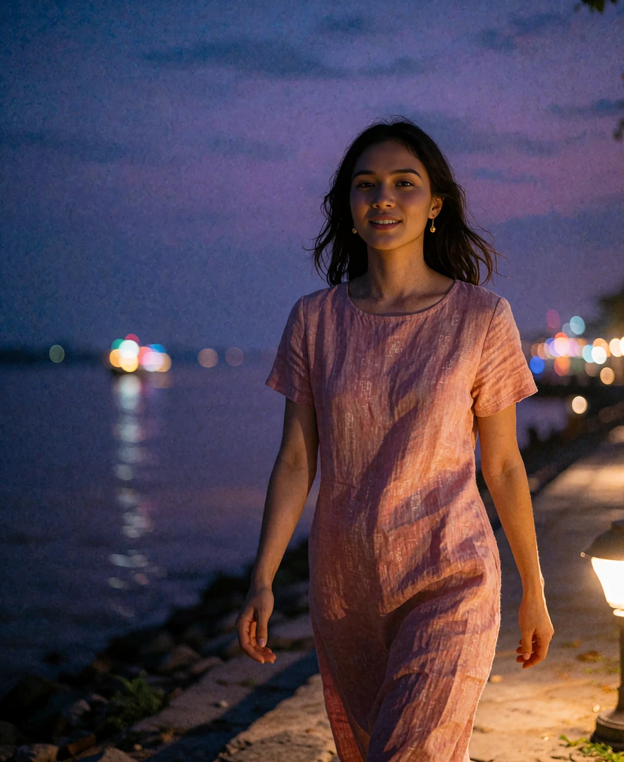 Cambodian member in a rose linen dress walking along a riverside promenade at night