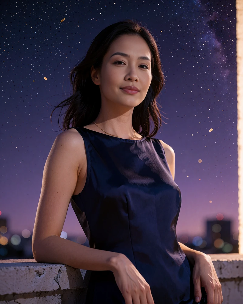 Vietnamese member in a midnight-blue silk dress leaning against a rooftop parapet at dusk