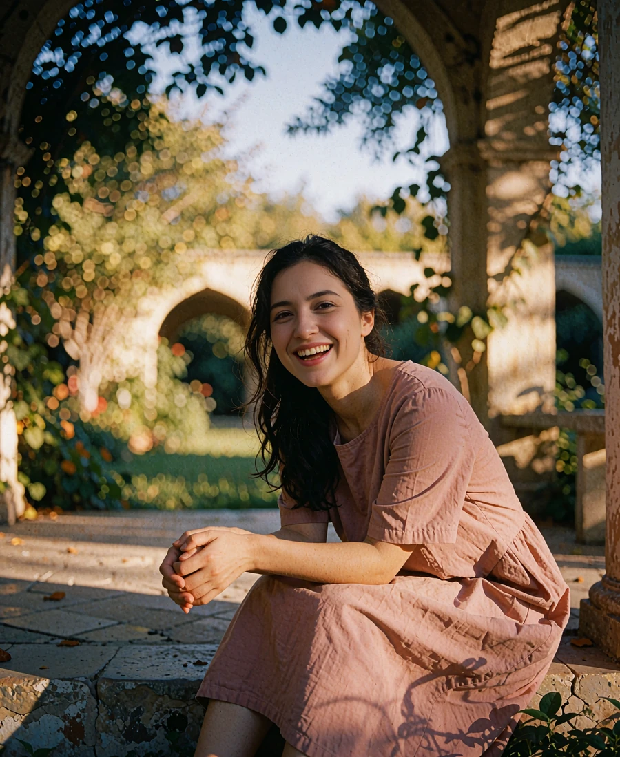 Tajik member in a dusty-rose dress laughing on the step of a shaded garden pavilion