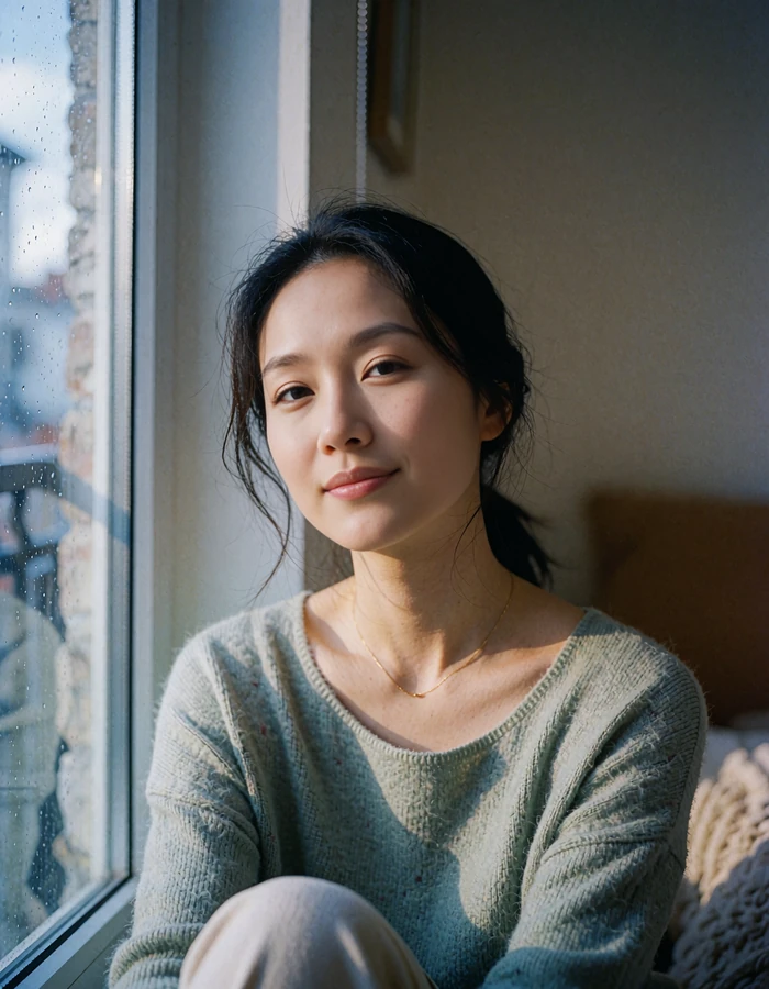 Chinese woman seated beside a window with gentle side light and a reflective smile