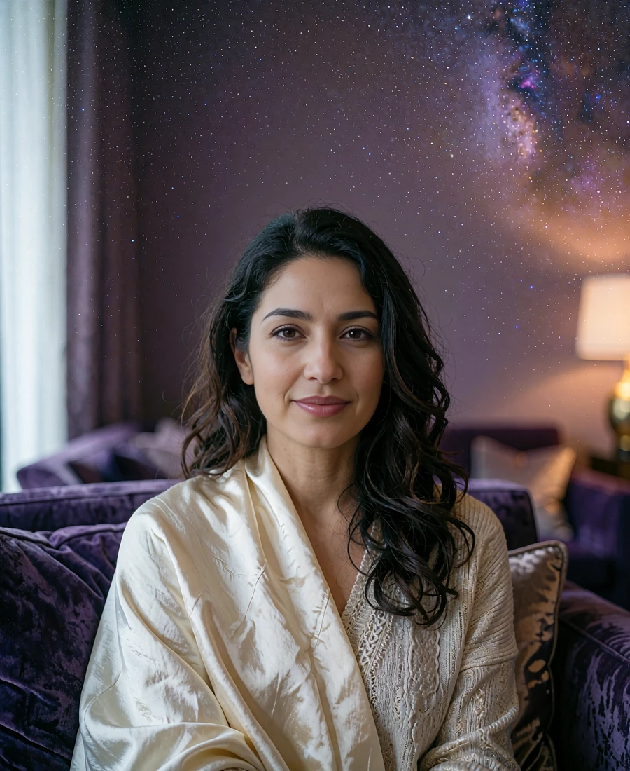 Afghan-heritage member in an ivory silk shawl seated in a softly lit hotel lounge
