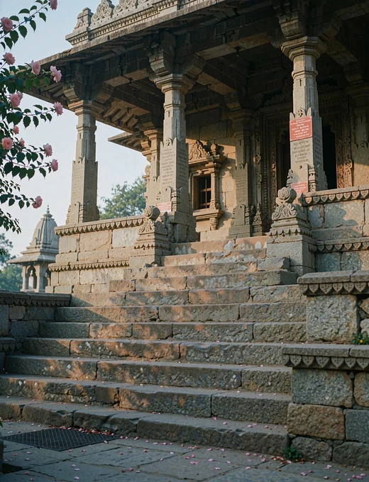 Broad stone steps leading up to an ornate South Asian temple entrance in early morning light