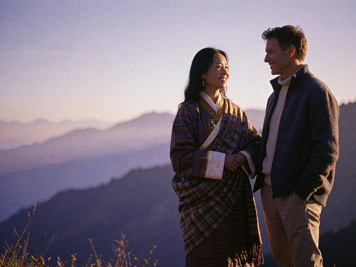 Bhutanese woman in a woven wrap and a Western man talking together at a Himalayan mountain viewpoint