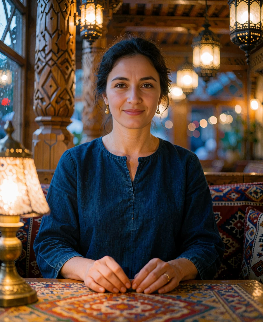 Tajik member in a deep indigo tunic seated in a warm traditional teahouse