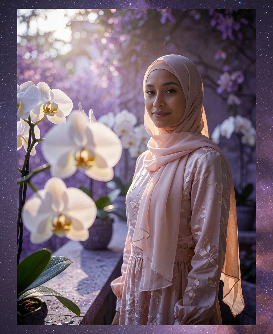 Bruneian member in a blush dress smiling on a shaded terrace beside white orchid blooms