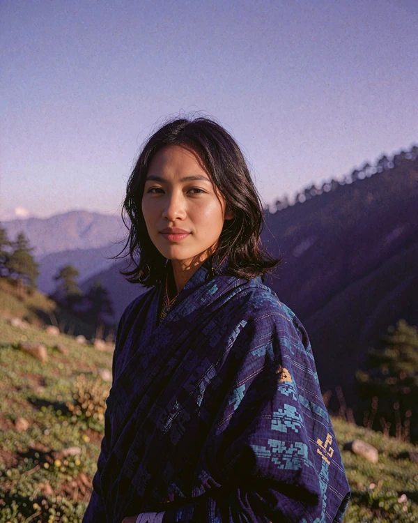 Bhutanese member in an indigo woven kira standing on a grassy valley slope with pine ridges behind her