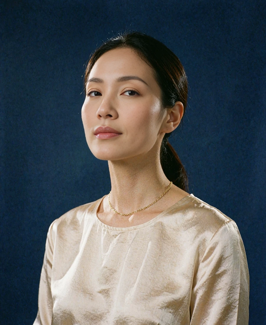 Singaporean member in a champagne silk blouse photographed against a seamless indigo studio backdrop
