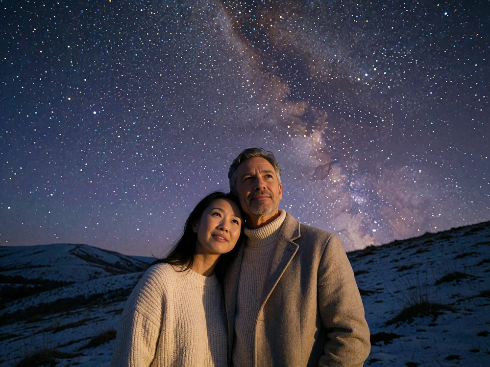 Couple standing together on a hillside under a star-filled night sky after meeting through the platform