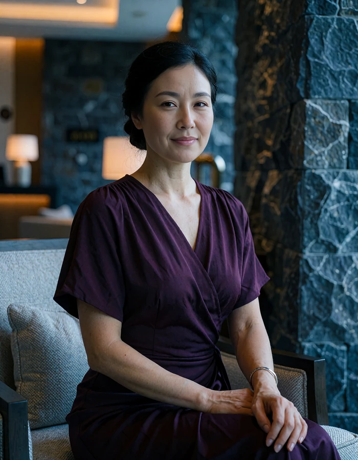 Mongolian woman in a plum wrap dress seated in a luxury hotel lounge armchair