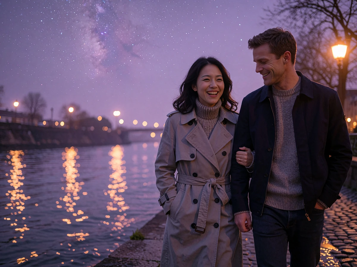 Taiwanese woman and Western man walking together along a riverside promenade at dusk after meeting through an international dating platform