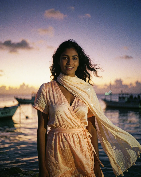 Maldivian member in a pale coral wrap dress standing at a quiet harbour at dusk