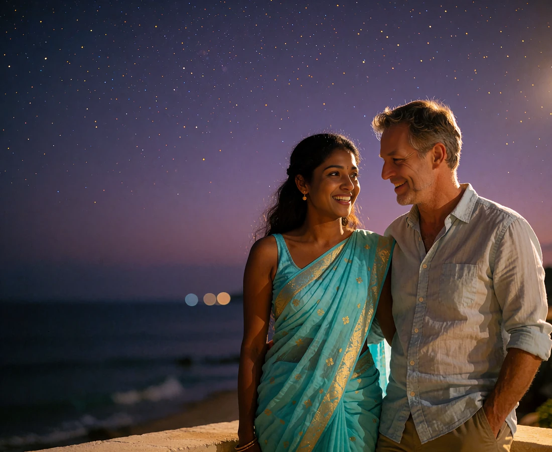 Sri Lankan woman in a turquoise sari and a Western man standing together on a coastal terrace at night after meeting online