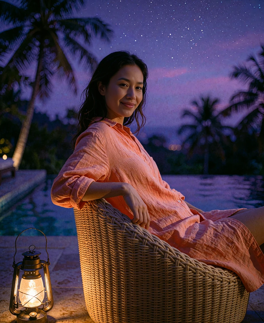 Thai member in a coral linen dress seated on a rattan chair on a resort terrace after sunset