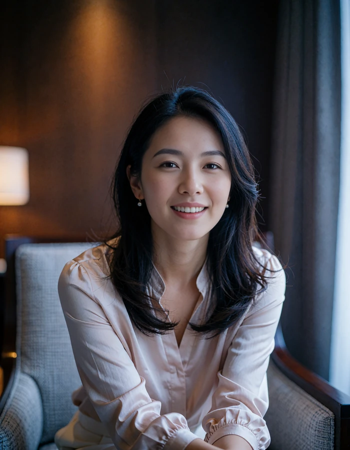 Chinese woman in a pale blush blouse smiling warmly in a quiet hotel lounge