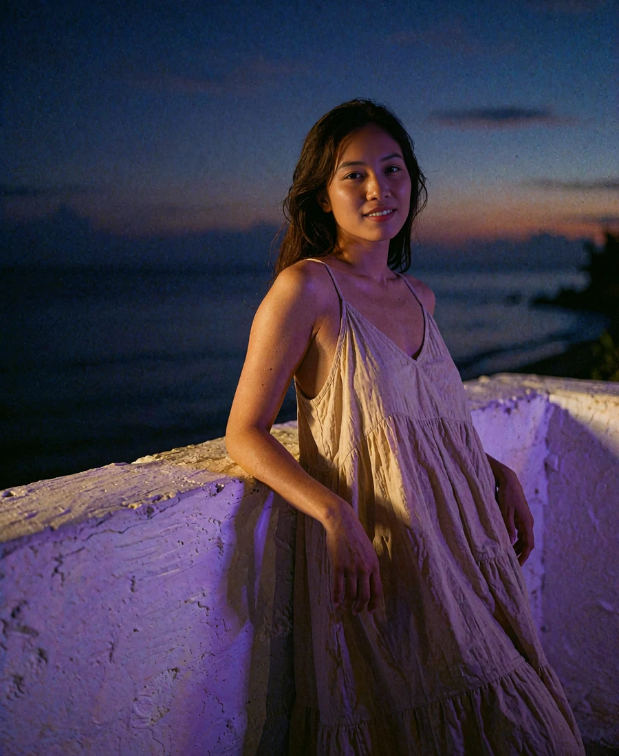 Filipina member in a sand-colored maxi dress leaning against a whitewashed coastal terrace wall