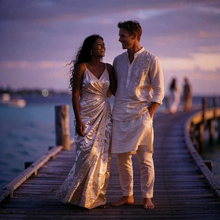 Maldivian member and a Western man standing together at the end of a wooden jetty at dusk