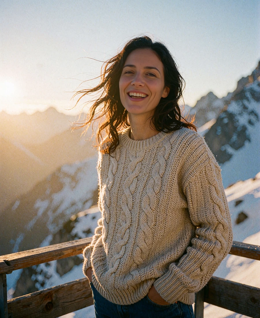 Kazakh member in an oatmeal sweater laughing on a mountain lodge terrace