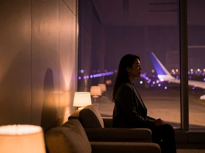 Asian woman in a tailored dark coat seated in profile in a premium airport lounge at night with blurred aircraft and runway lights beyond the window