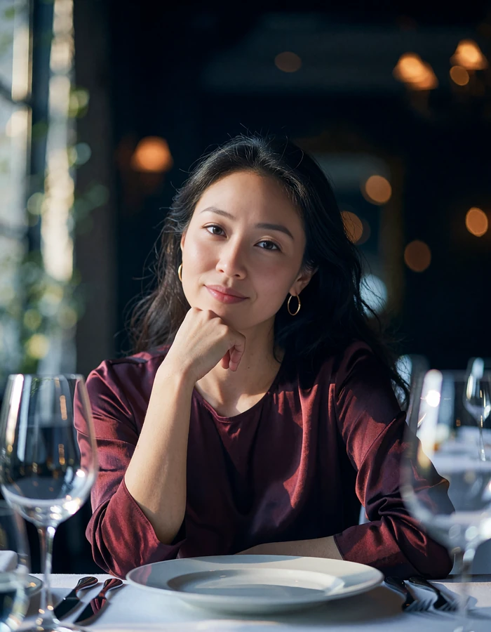 Chinese woman at a fine dining table in low warm light with a soft inviting smile