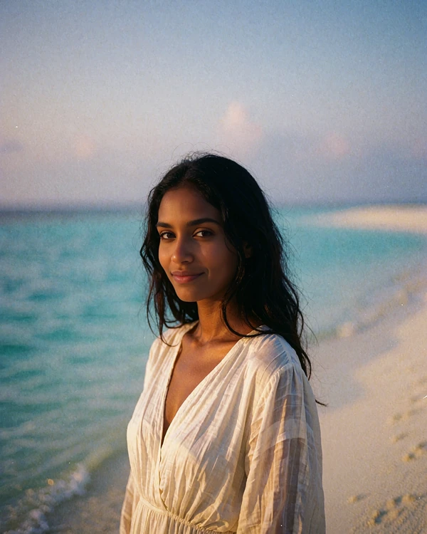 Maldivian member in an ivory dress standing on a pale sand shoreline beside a turquoise lagoon