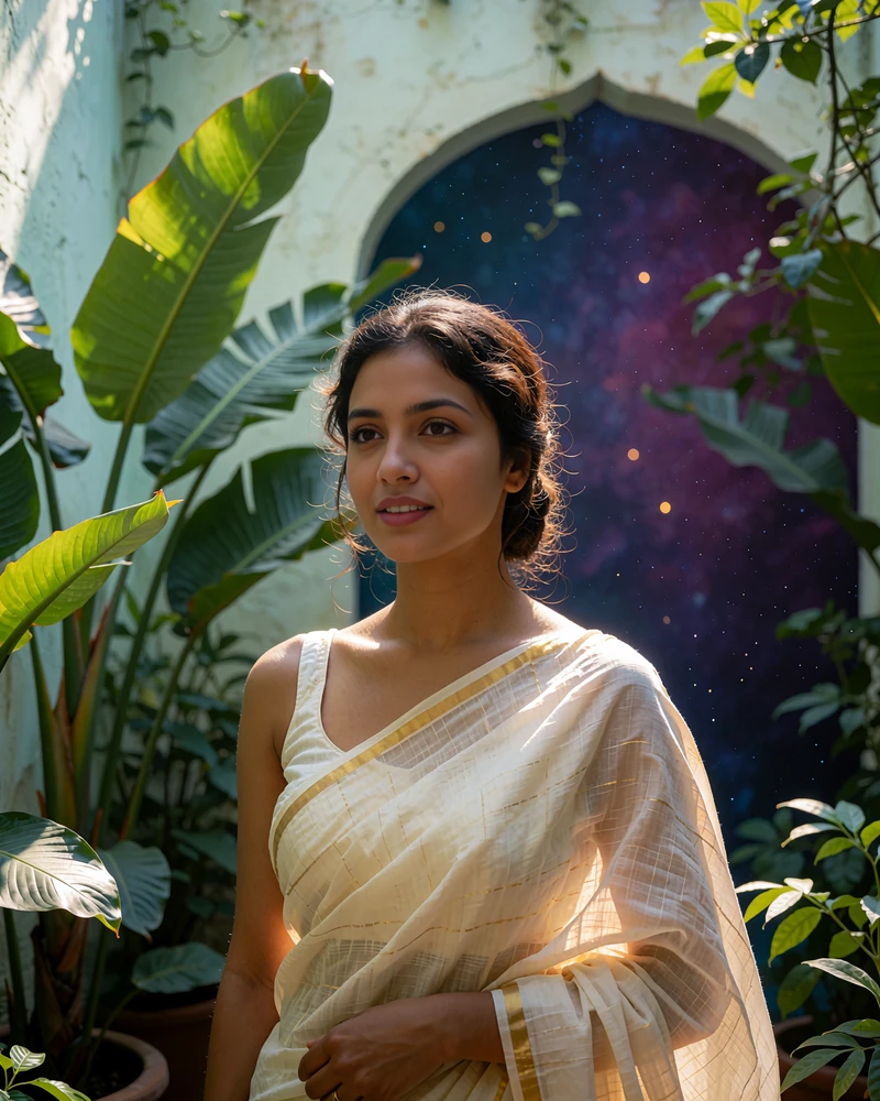 Bangladeshi member in an ivory sari with a gold border standing in a shaded green courtyard